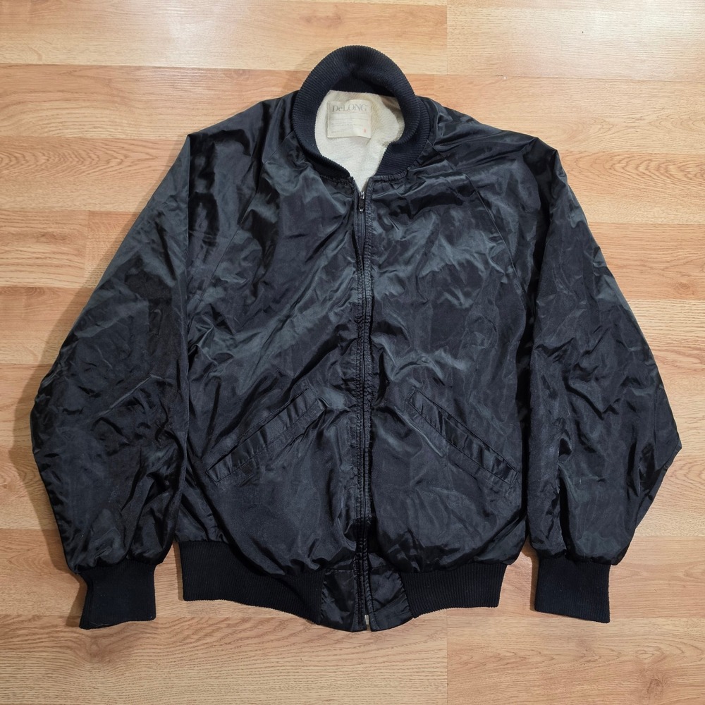 Vintage DeLONG Bomber Jacket Mens Medium Full Zip Nylon Lined Black Made in USA